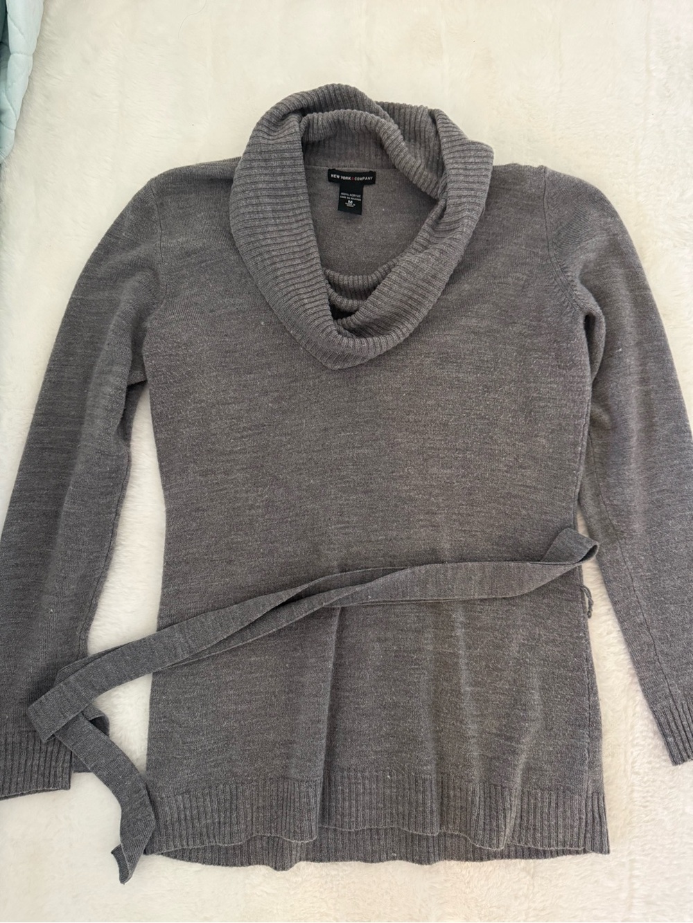 New York & Company Gray Cowl Neck Belted Sweater